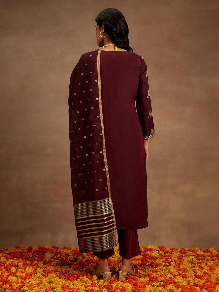 Wine Woven Design Chanderi Silk Straight Kurta With Trousers & Dupatta - ShopLibas