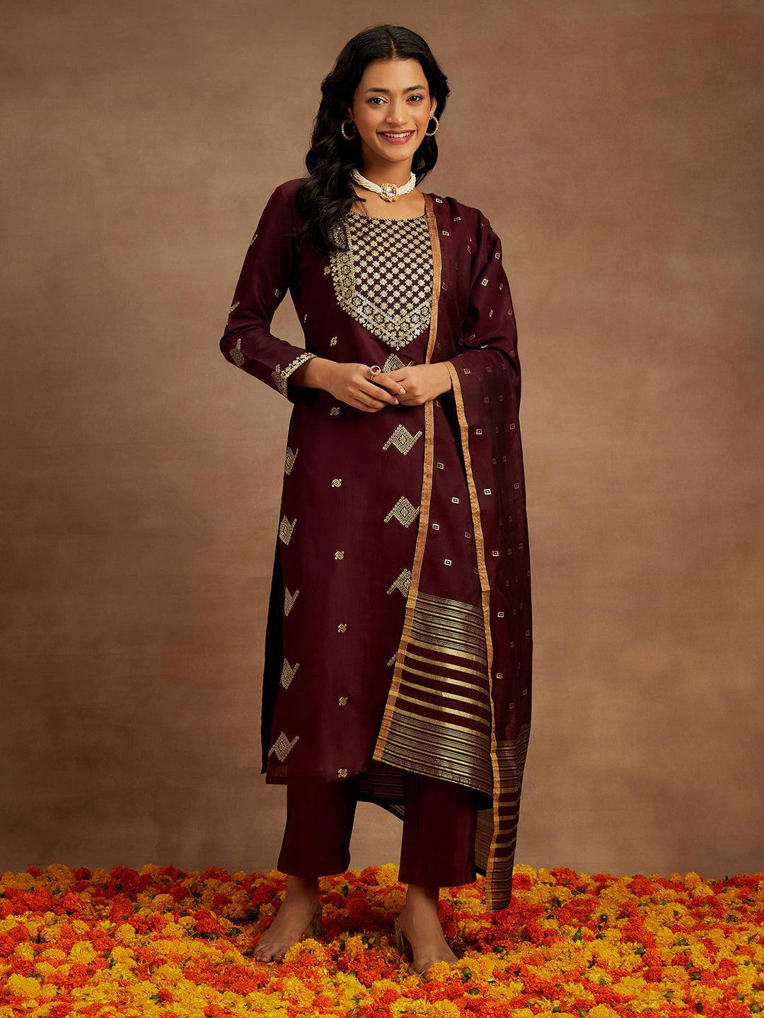 Wine Woven Design Chanderi Silk Straight Kurta With Trousers & Dupatta - ShopLibas