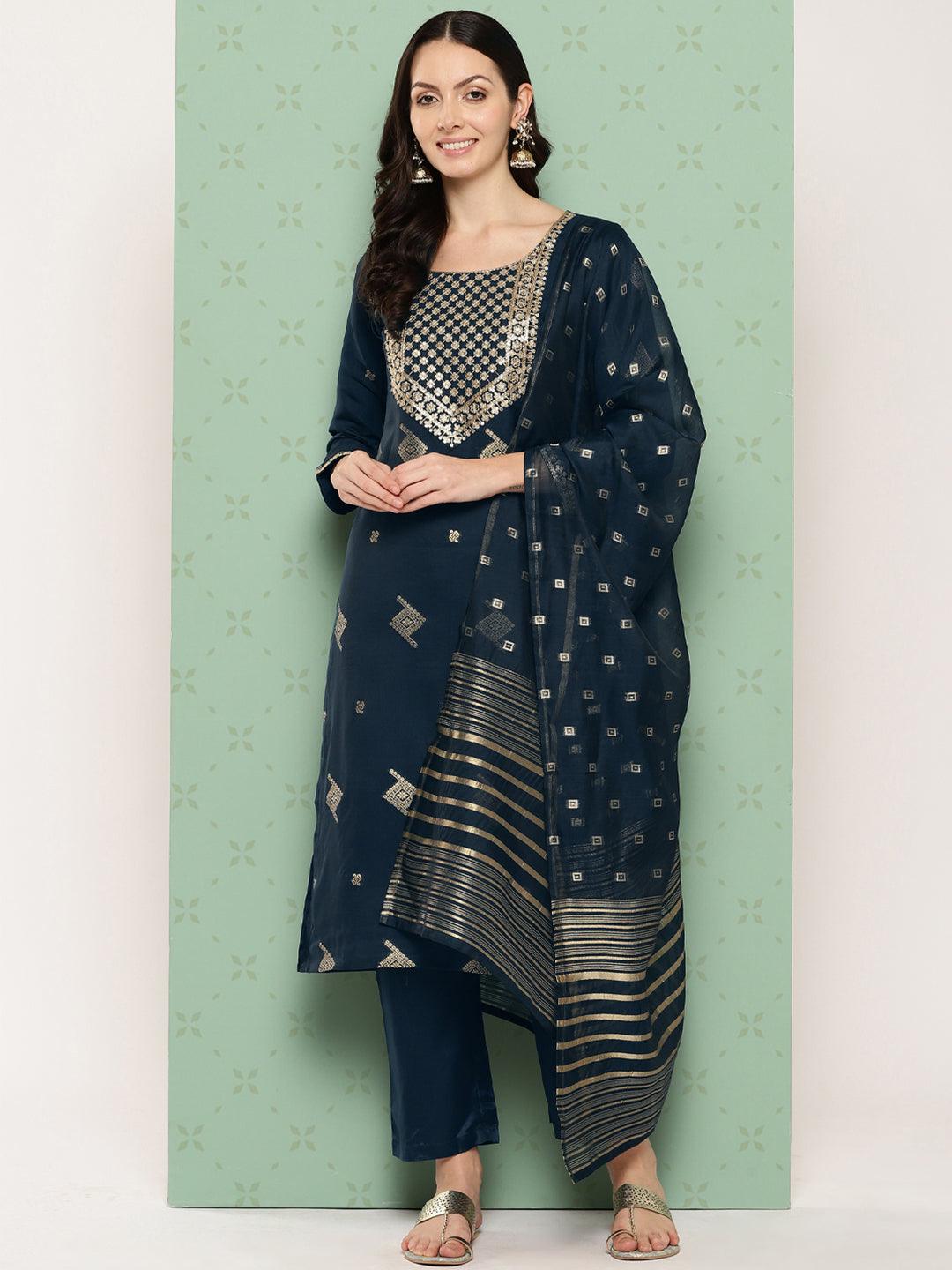 Blue Woven Design Chanderi Silk Straight Kurta With Trousers & Dupatta - ShopLibas