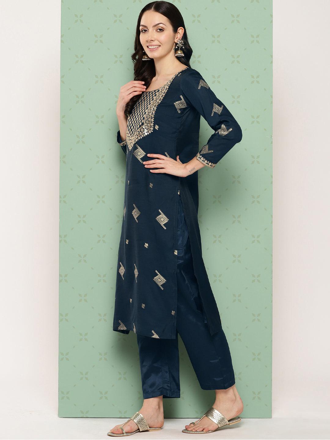 Blue Woven Design Chanderi Silk Straight Suit With Dupatta