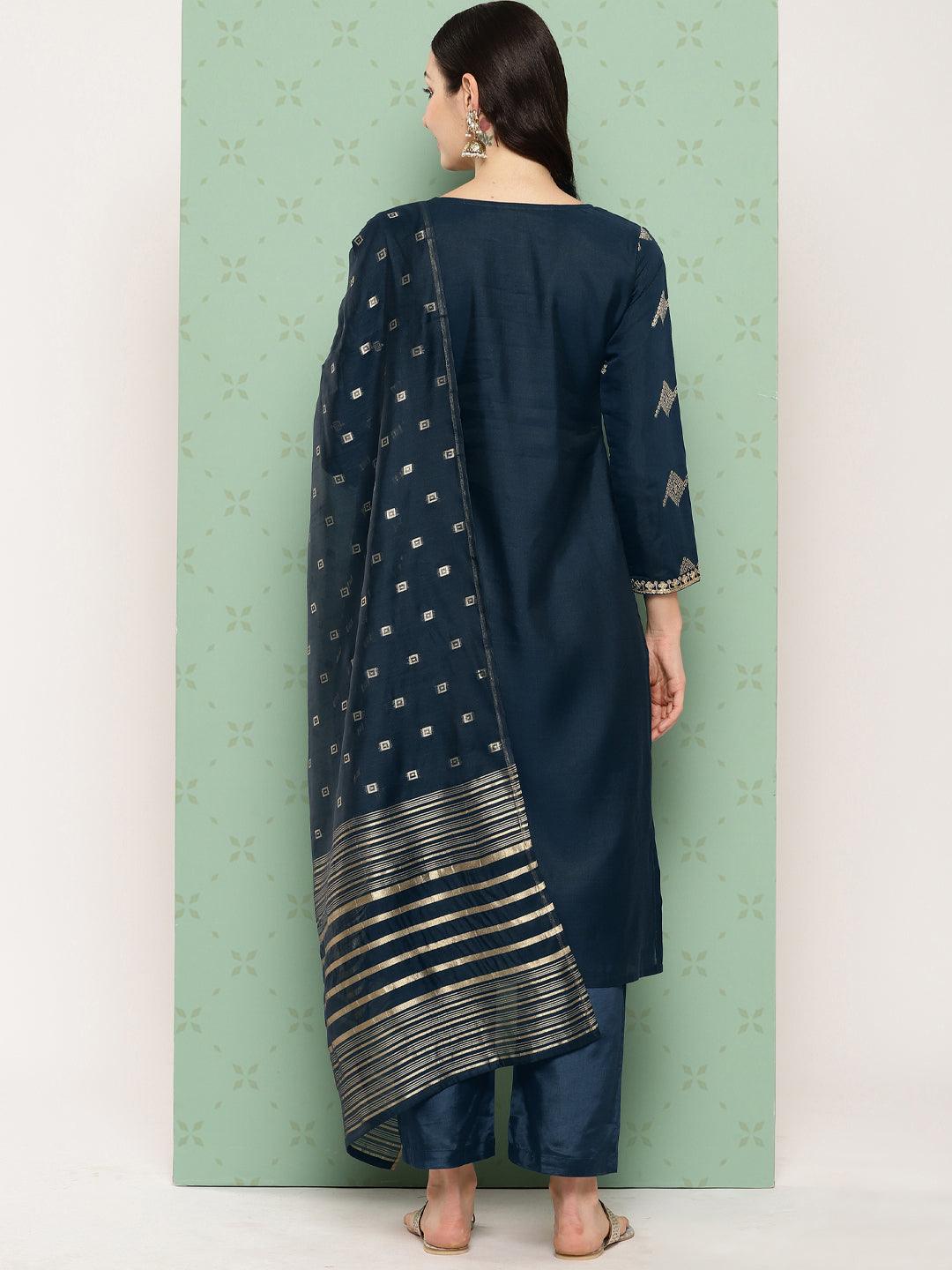 Blue Woven Design Chanderi Silk Straight Kurta With Trousers & Dupatta - ShopLibas