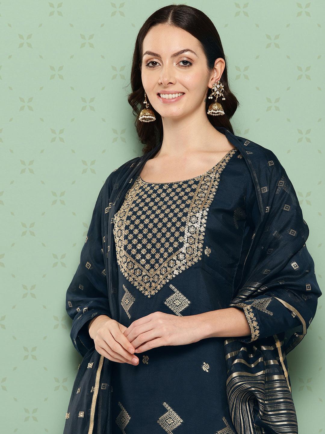 Blue Woven Design Chanderi Silk Straight Suit With Dupatta