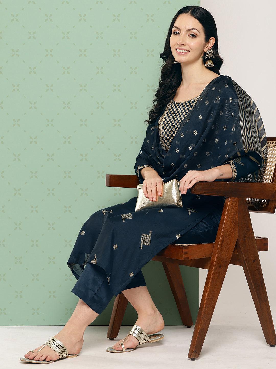 Blue Woven Design Chanderi Silk Straight Kurta With Trousers & Dupatta - ShopLibas