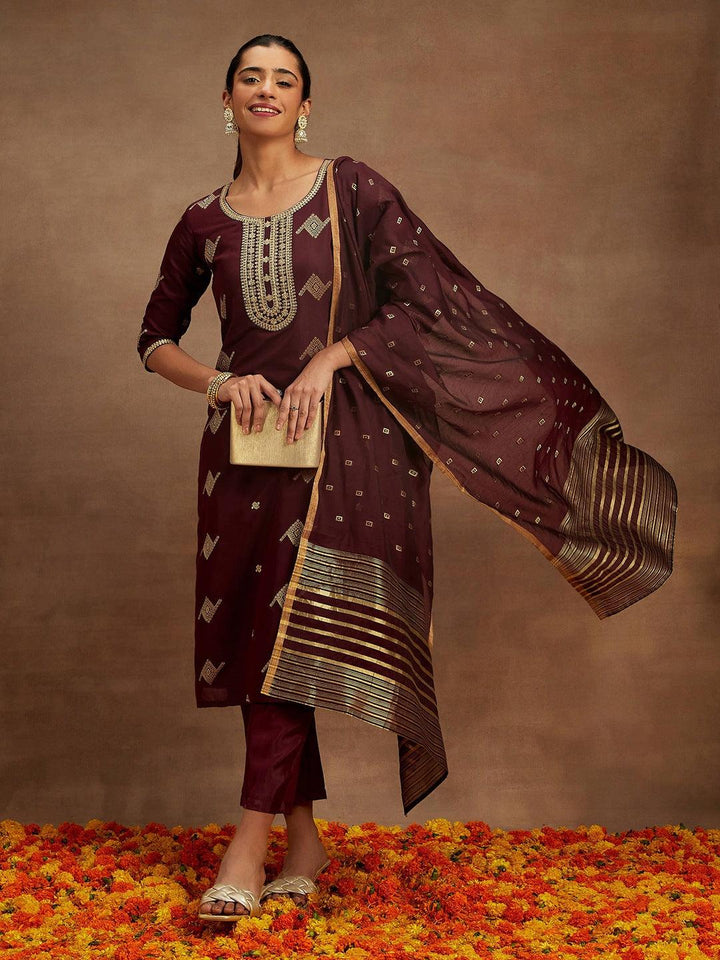 Wine Woven Design Chanderi Silk Straight Kurta With Trousers & Dupatta - ShopLibas