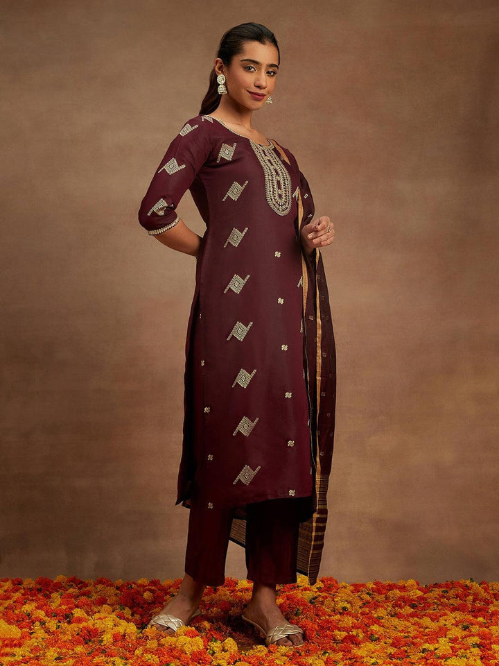 Wine Woven Design Chanderi Silk Straight Kurta With Trousers & Dupatta - ShopLibas