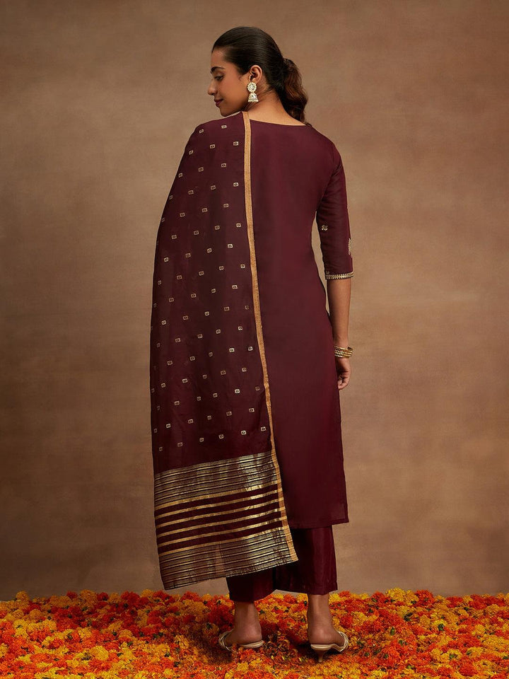 Wine Woven Design Chanderi Silk Straight Kurta With Trousers & Dupatta - ShopLibas