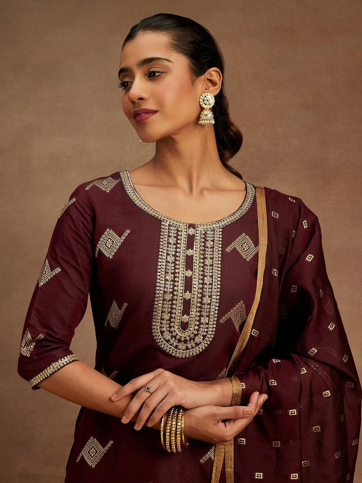 Wine Woven Design Chanderi Silk Straight Kurta With Trousers & Dupatta - ShopLibas