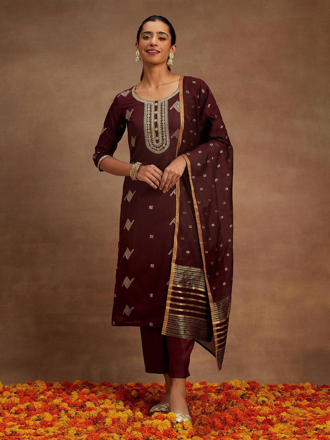 Wine Woven Design Chanderi Silk Straight Kurta With Trousers & Dupatta - ShopLibas