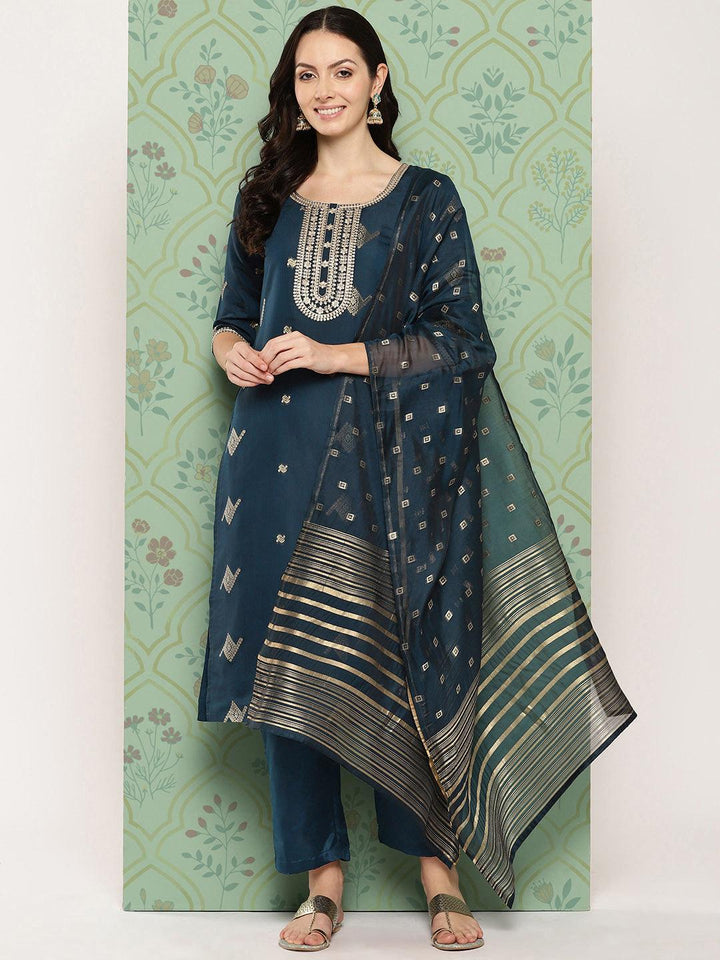 Blue Woven Design Chanderi Silk Straight Kurta With Trousers & Dupatta - ShopLibas