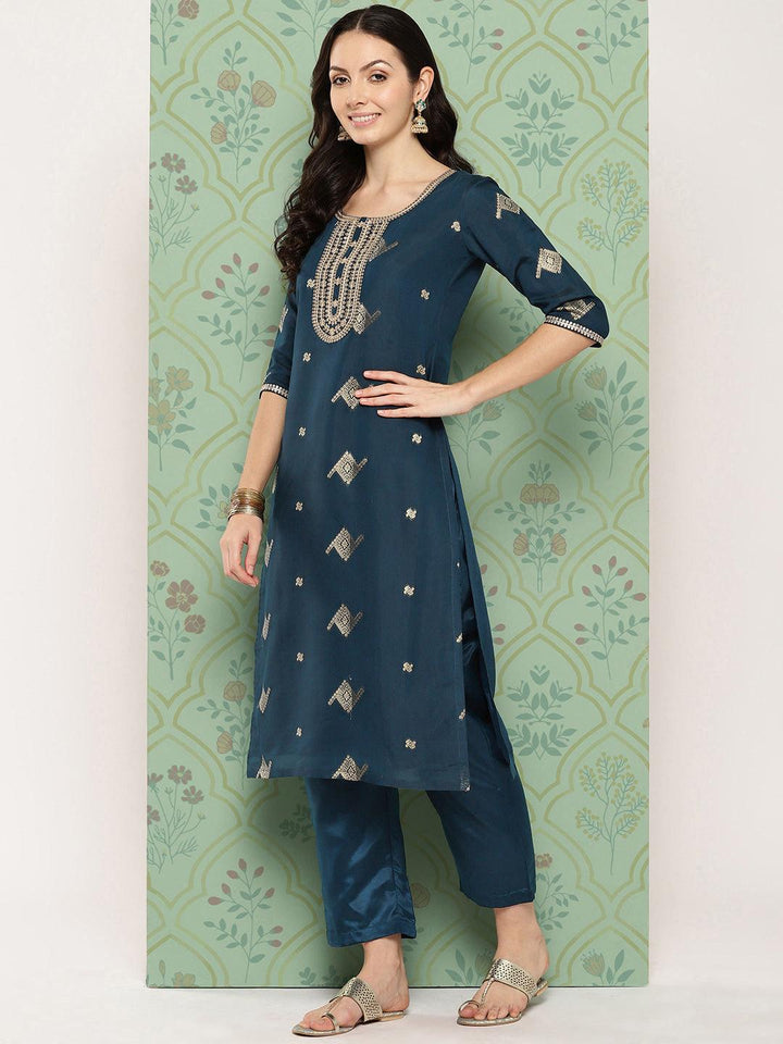 Blue Woven Design Chanderi Silk Straight Kurta With Trousers & Dupatta - ShopLibas