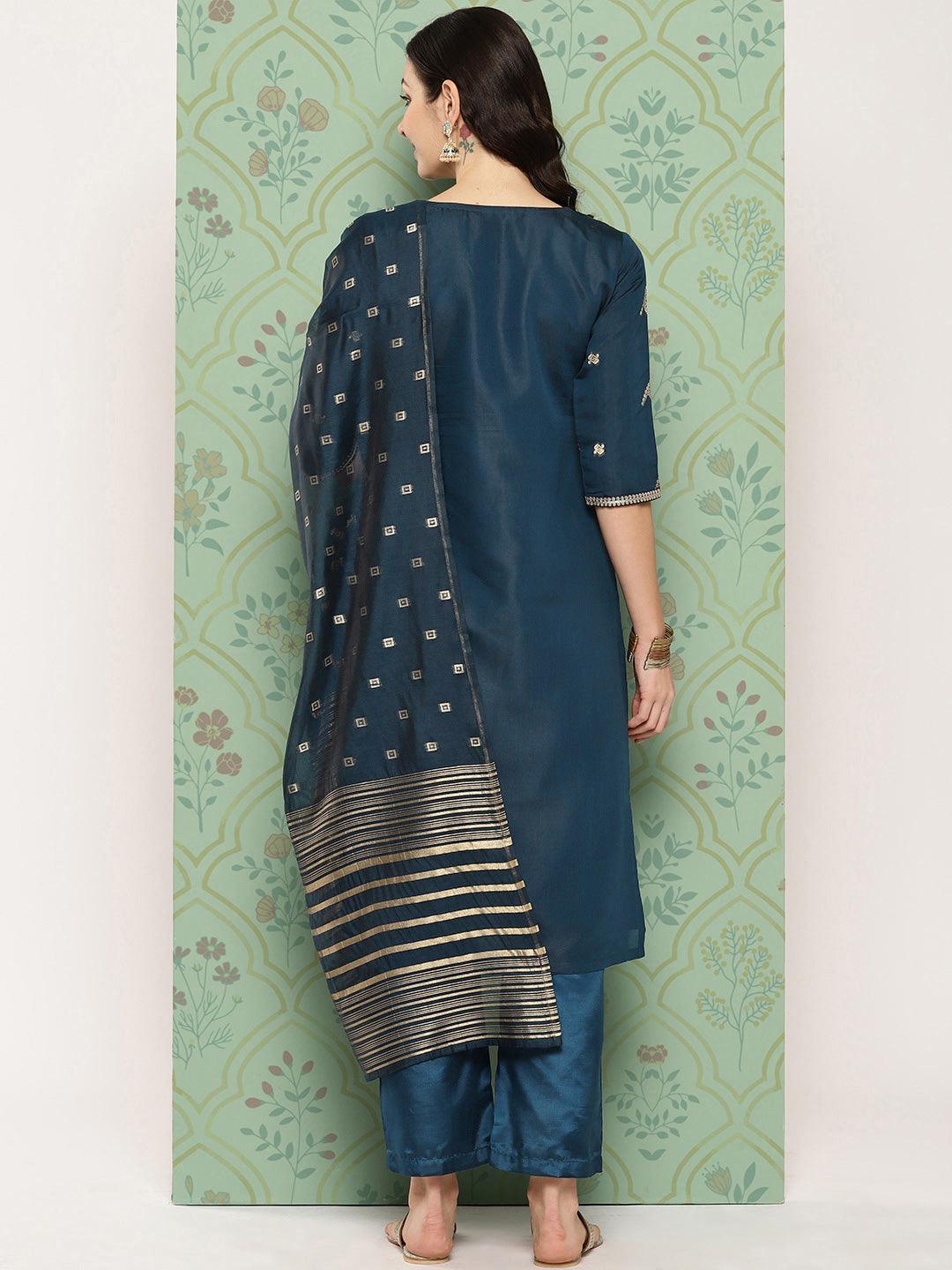 Blue Woven Design Chanderi Silk Straight Kurta With Trousers & Dupatta - ShopLibas