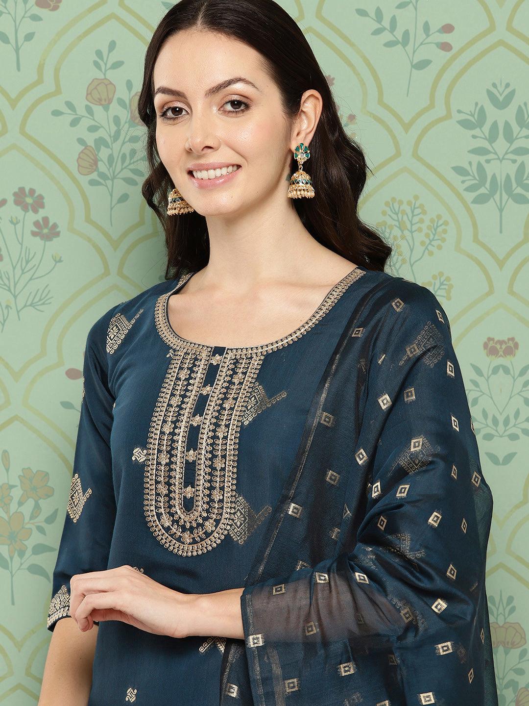 Blue Woven Design Chanderi Silk Straight Kurta With Trousers & Dupatta - ShopLibas