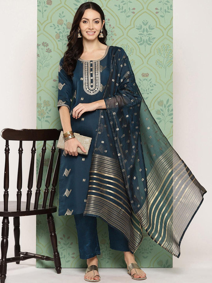 Blue Woven Design Chanderi Silk Straight Kurta With Trousers & Dupatta - ShopLibas