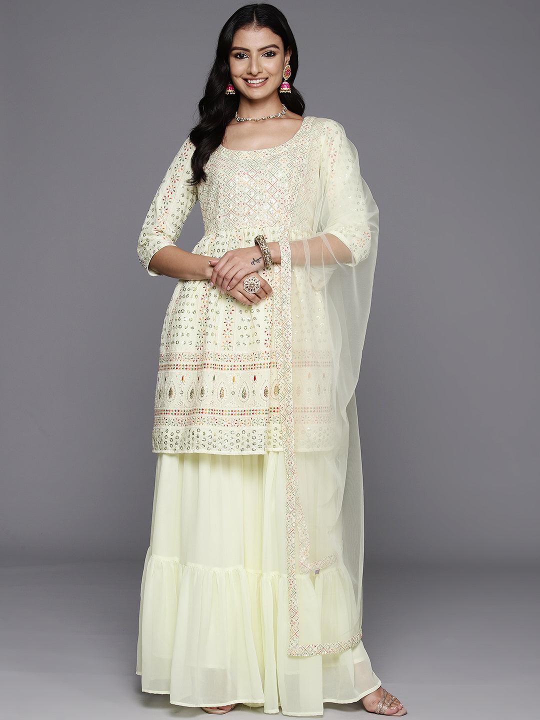 Lemon Embroidered Georgette A-Line Kurti With Sharara & Dupatta - ShopLibas