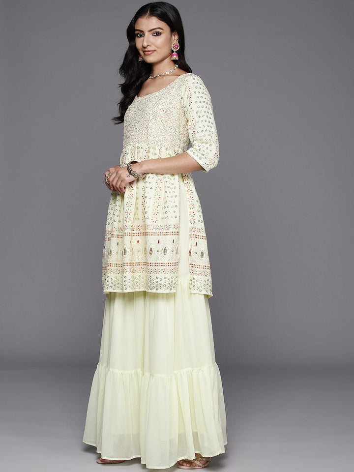 Lemon Embroidered Georgette A-Line Kurti With Sharara & Dupatta - ShopLibas