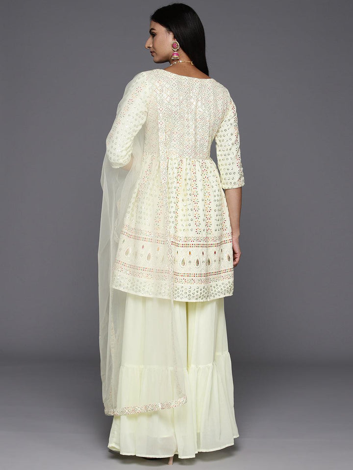 Lemon Embroidered Georgette A-Line Kurti With Sharara & Dupatta - ShopLibas