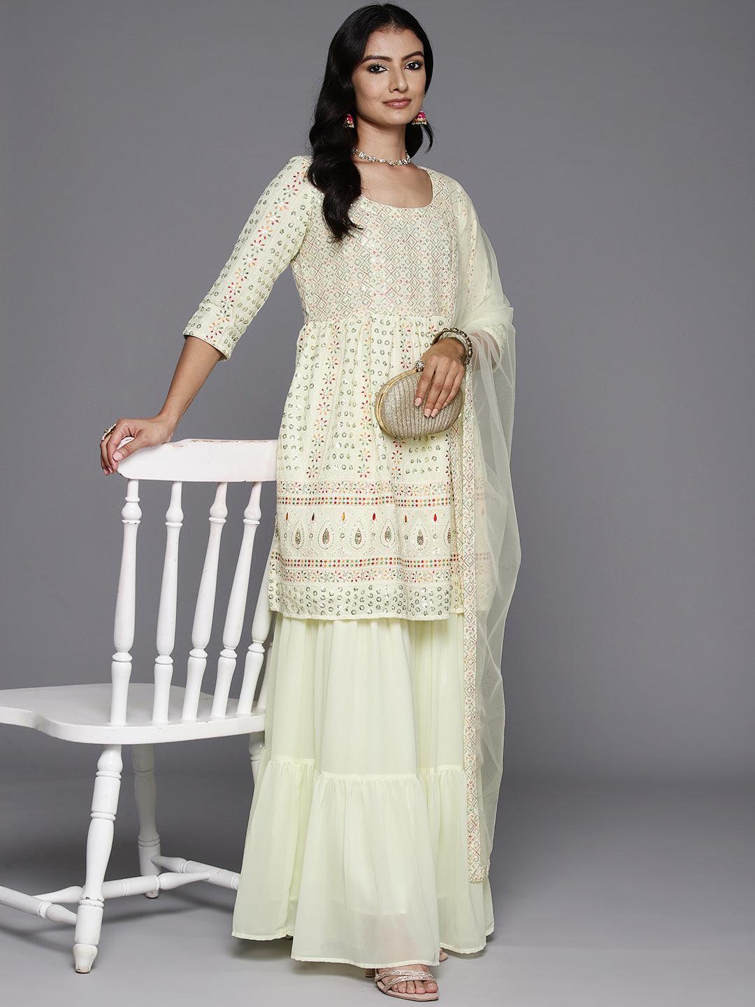 Lemon Embroidered Georgette A-Line Kurti With Sharara & Dupatta