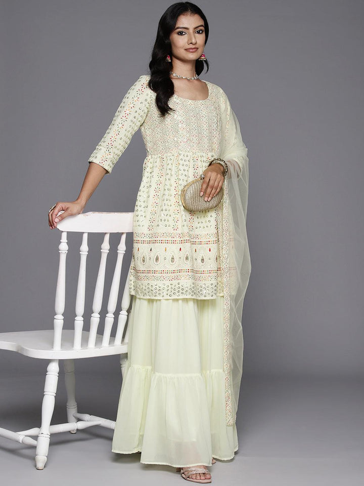 Lemon Embroidered Georgette A-Line Kurti With Sharara & Dupatta - ShopLibas