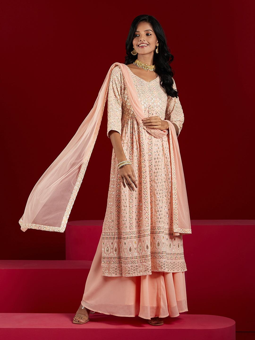 Libas Art Peach Embroidered Georgette A-Line Kurta With Palazzos & Dupatta - ShopLibas