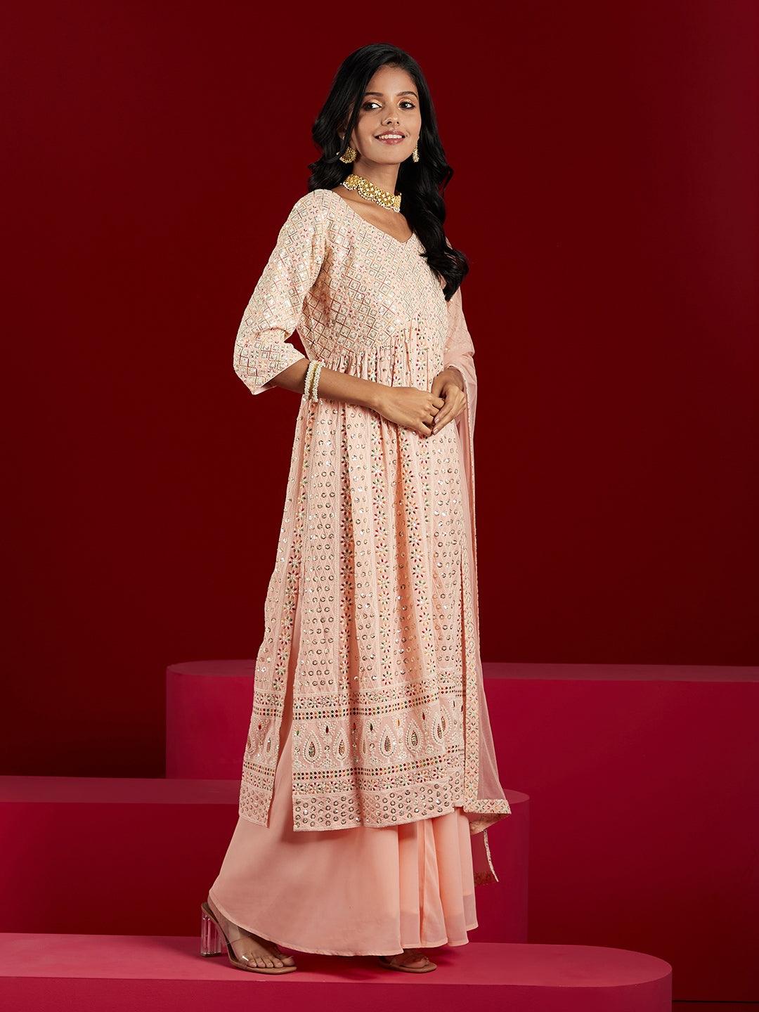 Libas Art Peach Embroidered Georgette A-Line Kurta With Palazzos & Dupatta