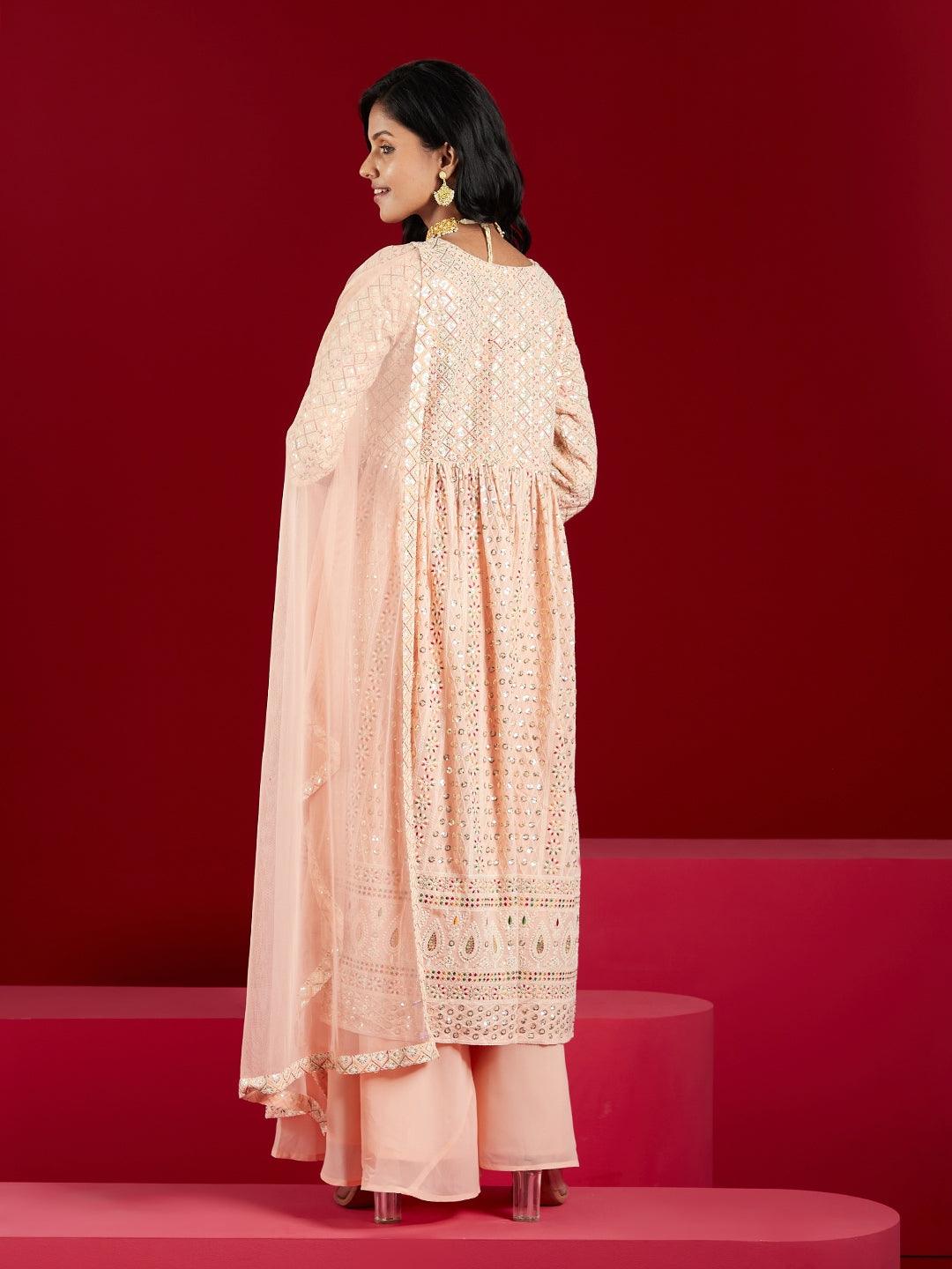 Libas Art Peach Embroidered Georgette A-Line Kurta With Palazzos & Dupatta