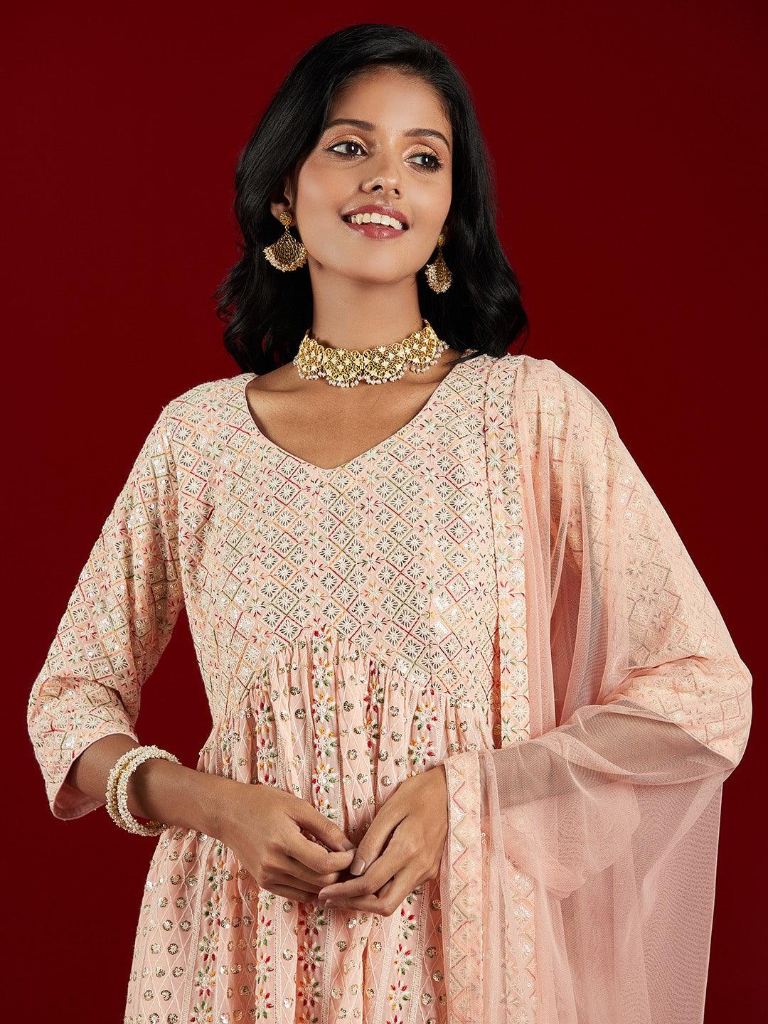 Libas Art Peach Embroidered Georgette A-Line Kurta With Palazzos & Dupatta