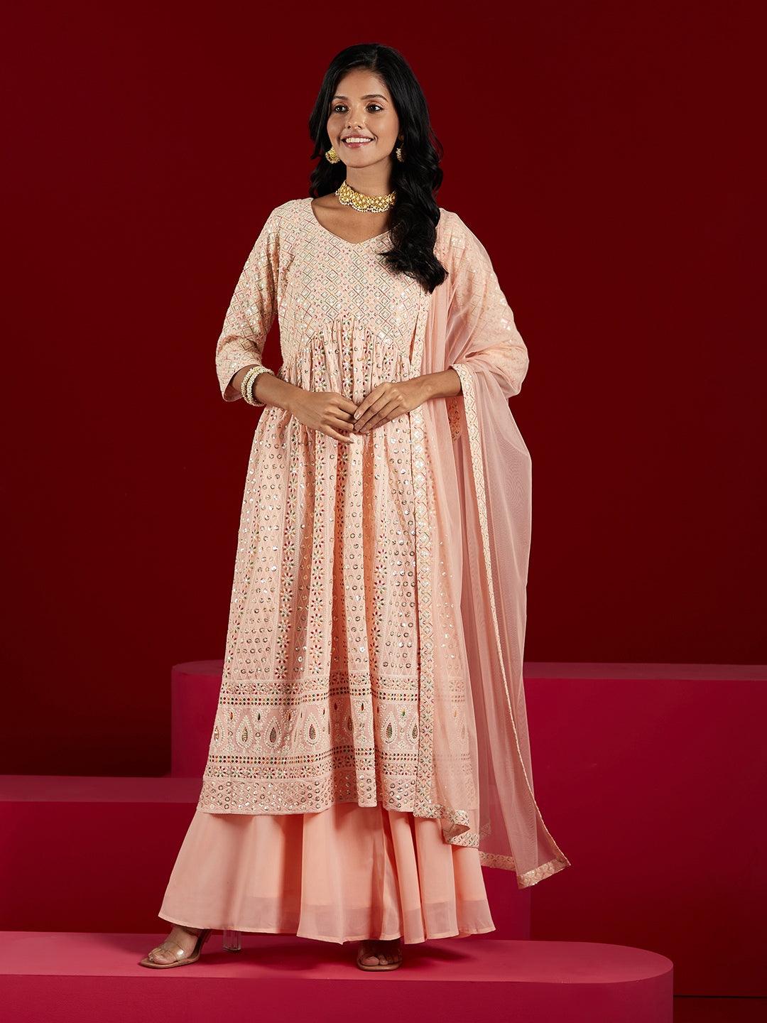 Libas Art Peach Embroidered Georgette A-Line Kurta With Palazzos & Dupatta