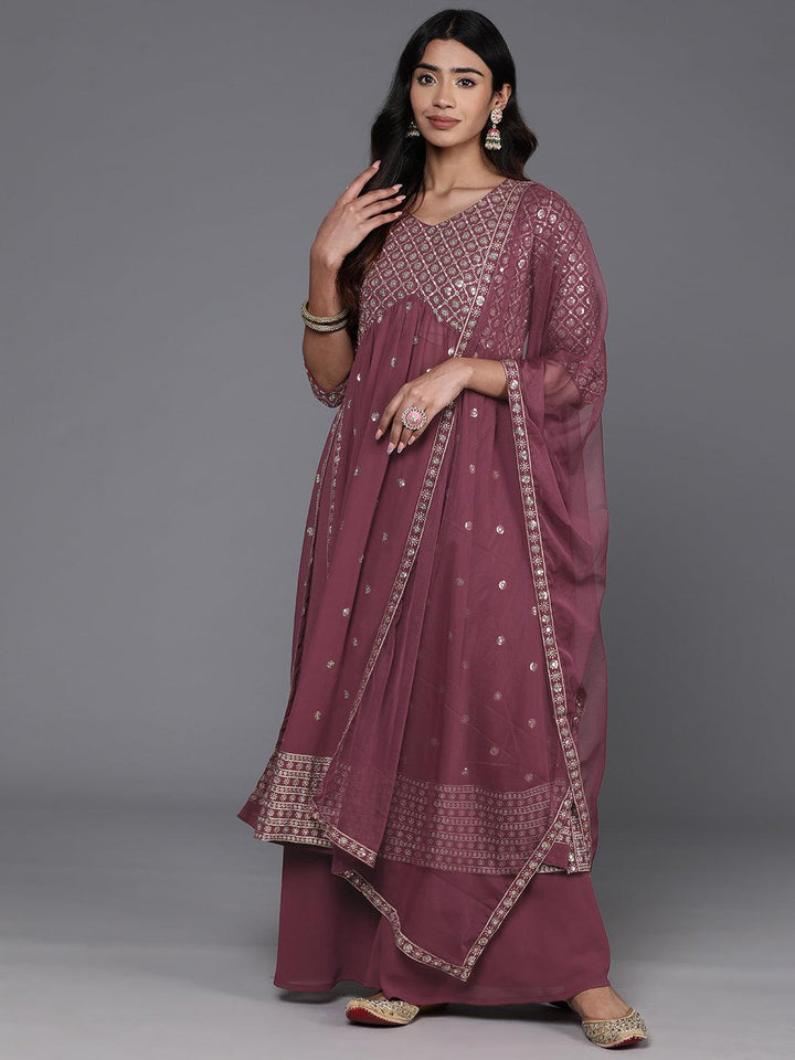 Mauve Embroidered Georgette A-Line Kurta With Palazzos & Dupatta - ShopLibas