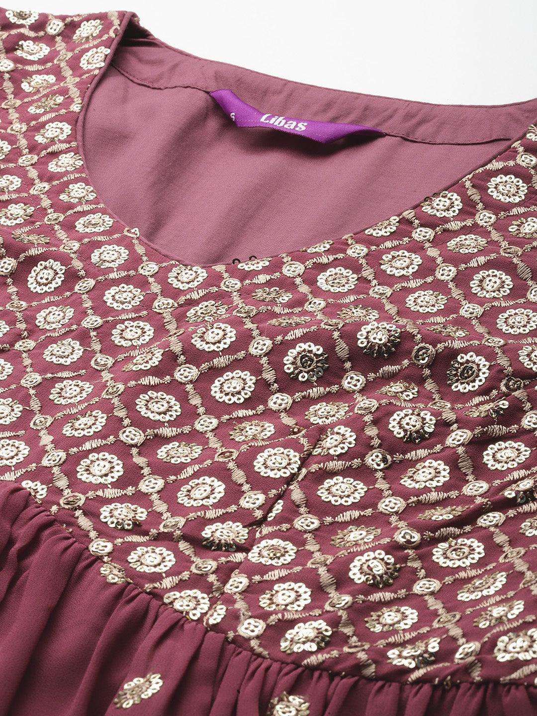 Mauve Embroidered Georgette A-Line Kurta With Palazzos & Dupatta - ShopLibas