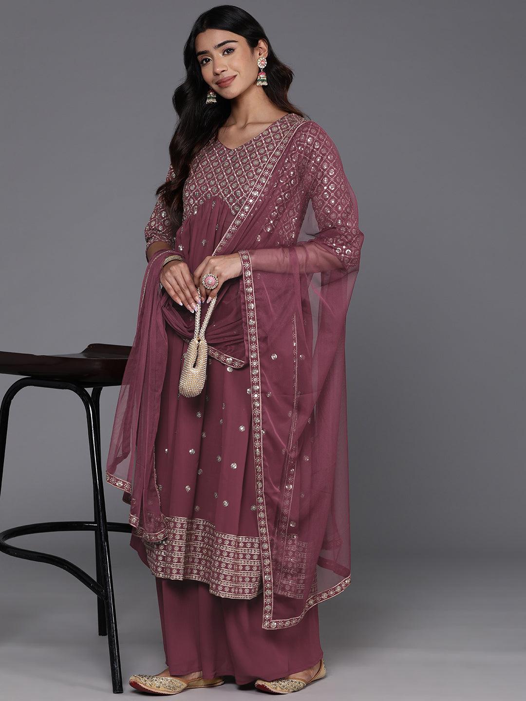 Mauve Embroidered Georgette A-Line Kurta With Palazzos & Dupatta - ShopLibas