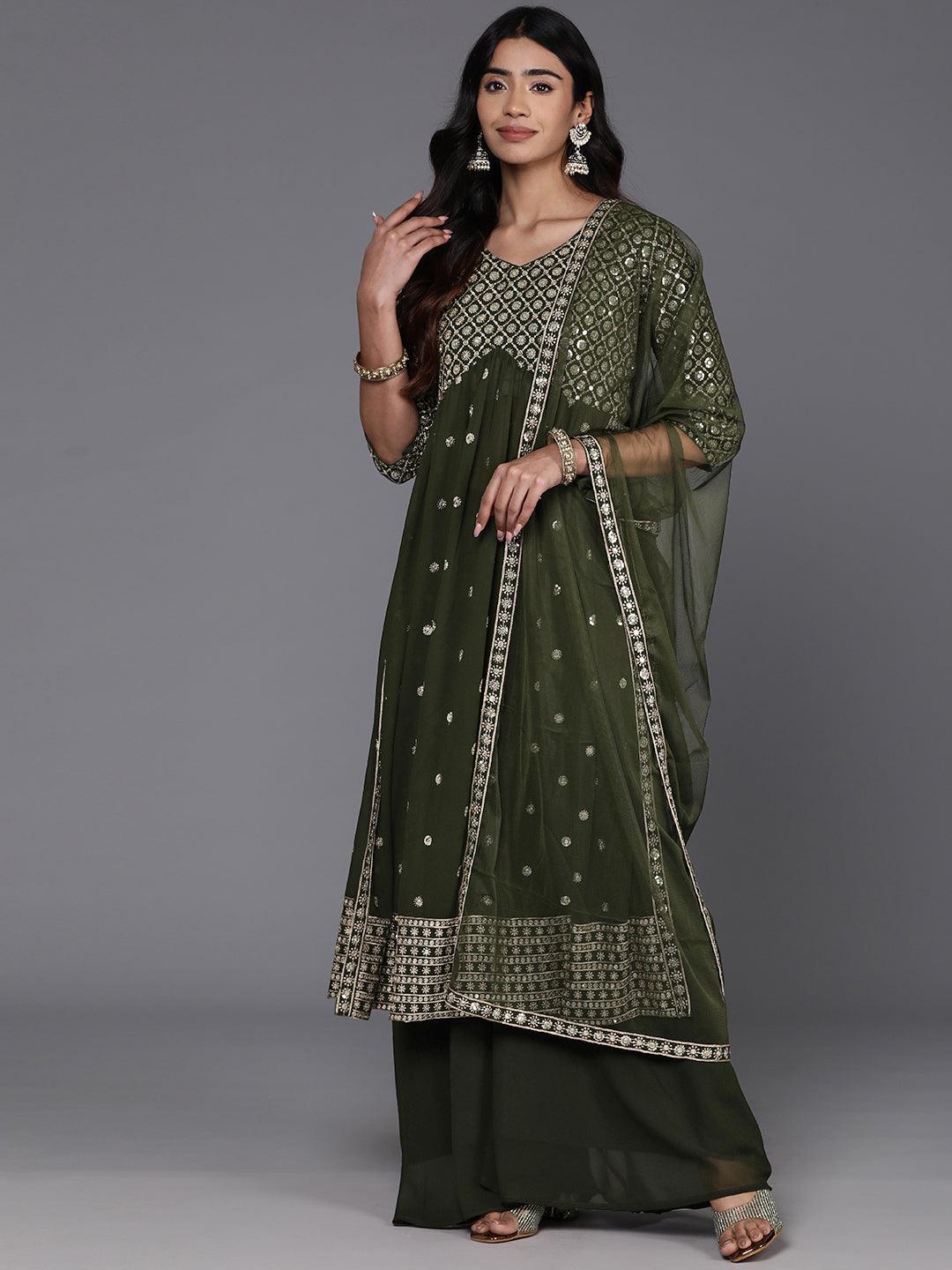 Green Embroidered Georgette A-Line Kurta With Palazzos & Dupatta