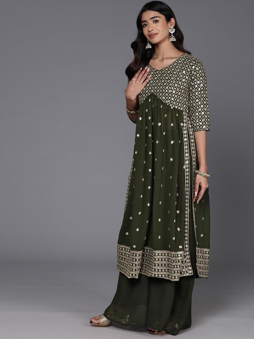 Green Embroidered Georgette A-Line Kurta With Palazzos & Dupatta