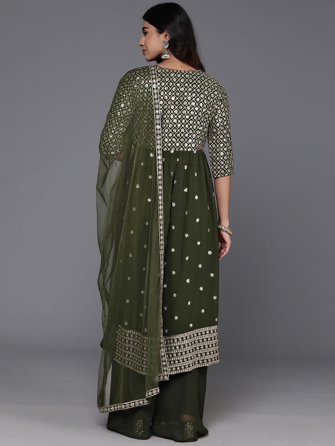 Green Embroidered Georgette A-Line Kurta With Palazzos & Dupatta