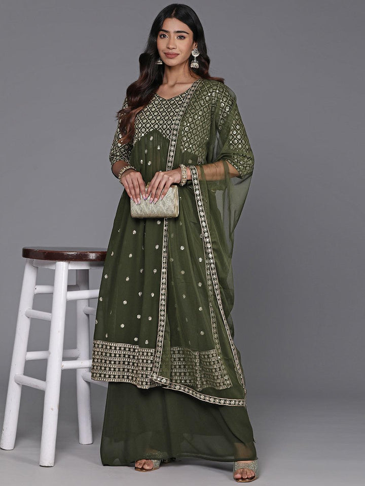 Green Embroidered Georgette A-Line Kurta With Palazzos & Dupatta - ShopLibas