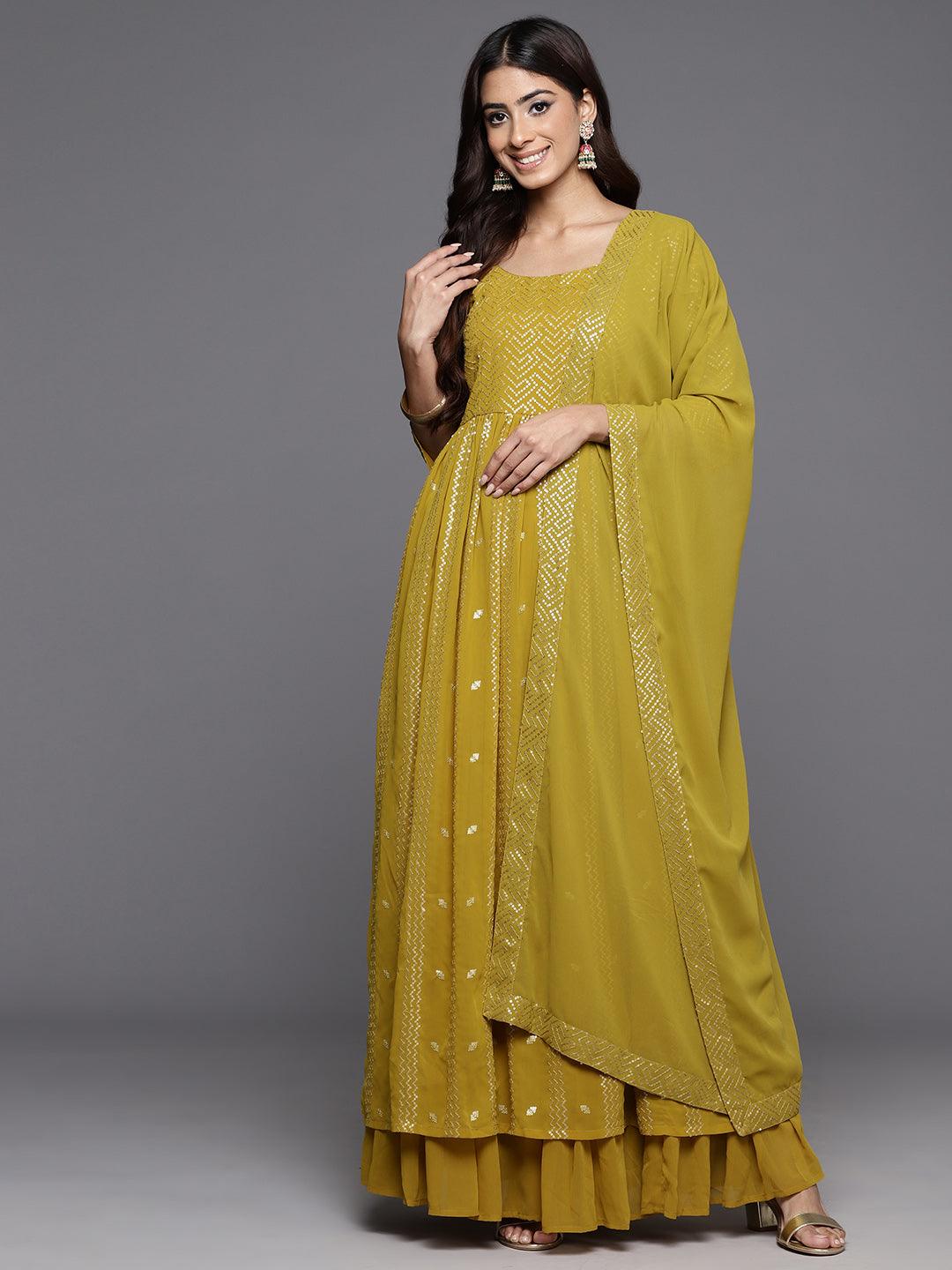 Mustard Embroidered Georgette A-Line Kurta With Palazzos & Dupatta