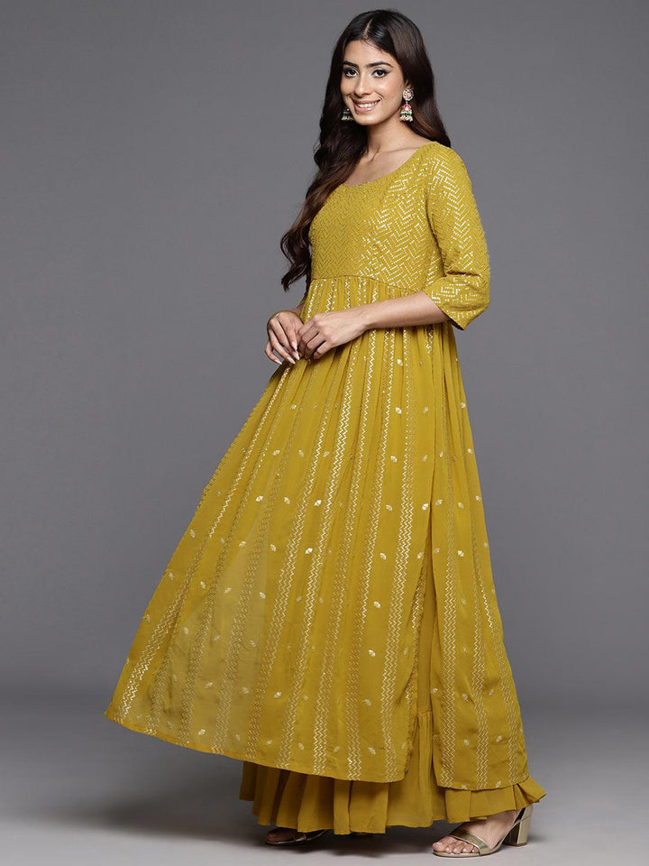 Mustard Embroidered Georgette A-Line Kurta With Palazzos & Dupatta - ShopLibas