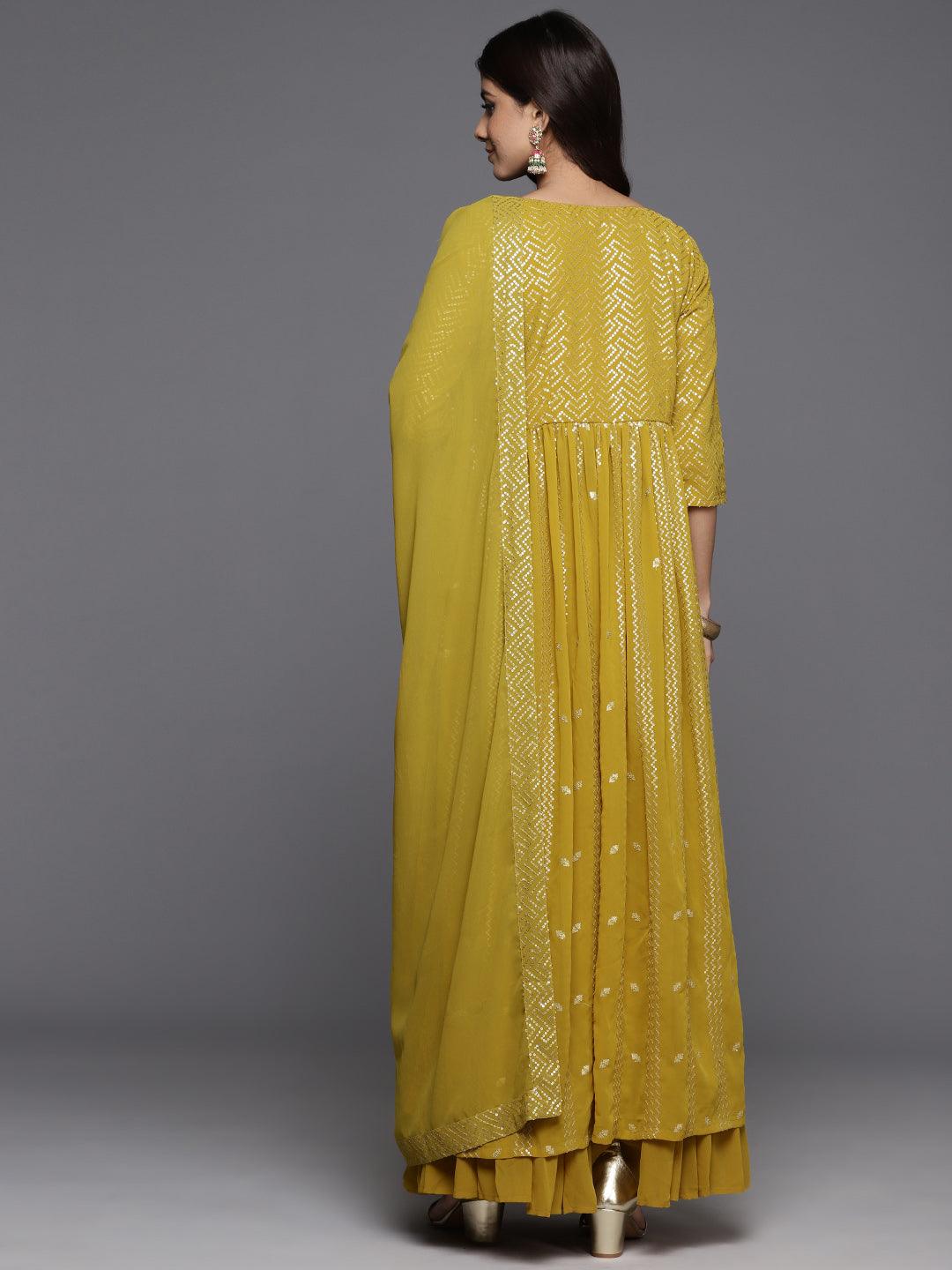 Mustard Embroidered Georgette A-Line Kurta With Palazzos & Dupatta - ShopLibas