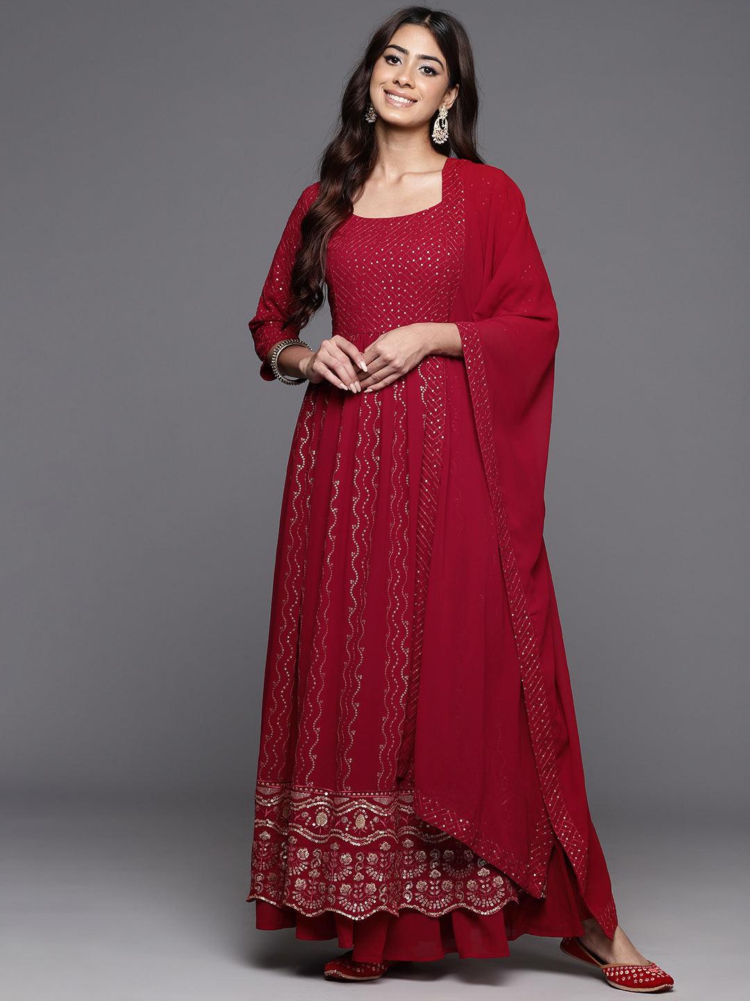 Maroon Embroidered Georgette A-Line Kurta With Palazzos & Dupatta