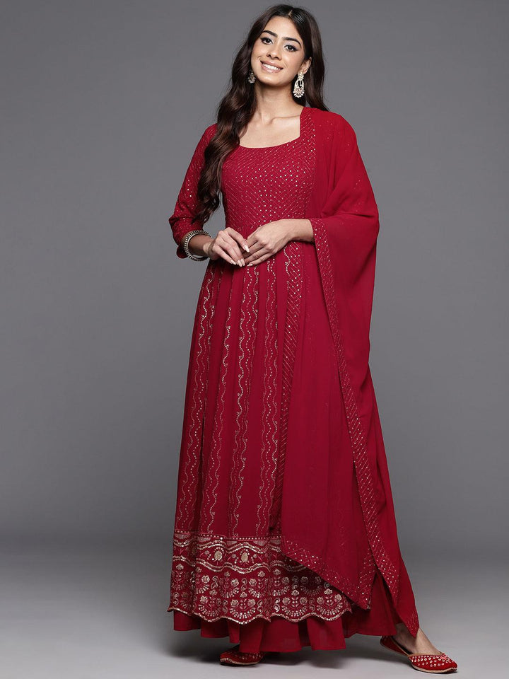 Maroon Embroidered Georgette A-Line Kurta With Palazzos & Dupatta - ShopLibas