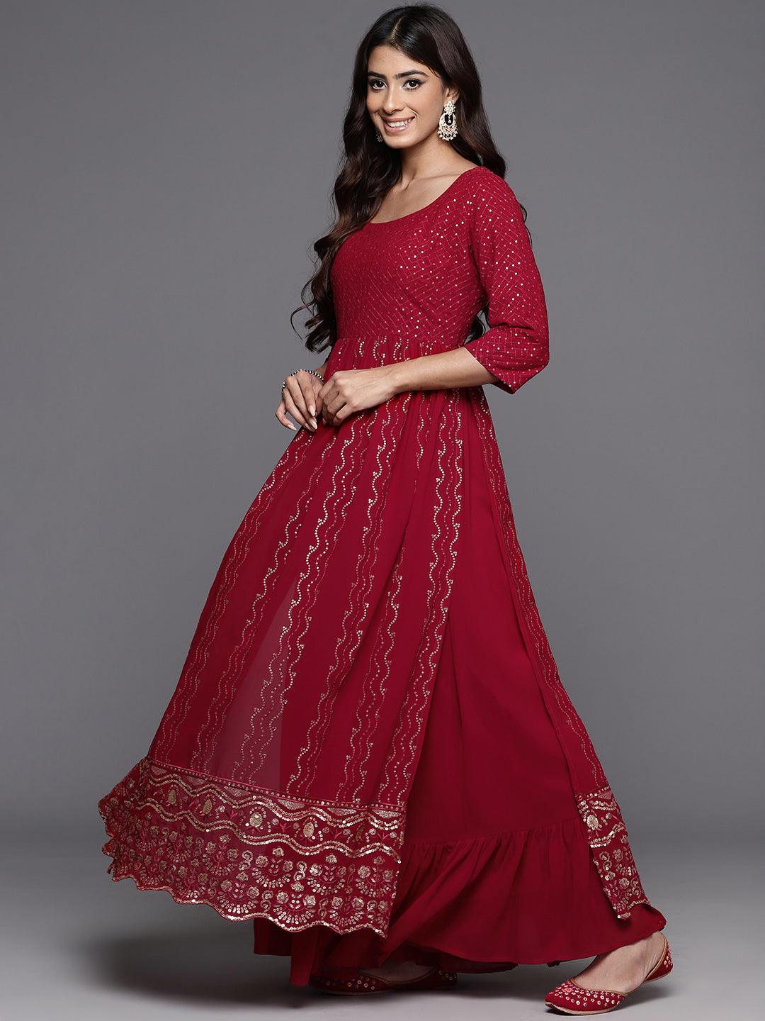 Maroon Embroidered Georgette A-Line Kurta With Palazzos & Dupatta