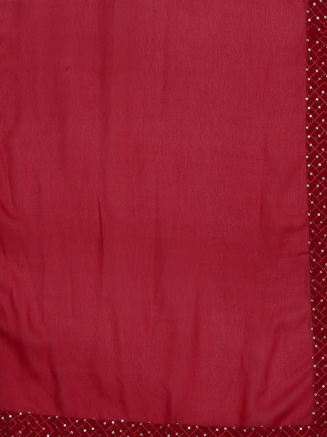 Maroon Embroidered Georgette A-Line Kurta With Palazzos & Dupatta