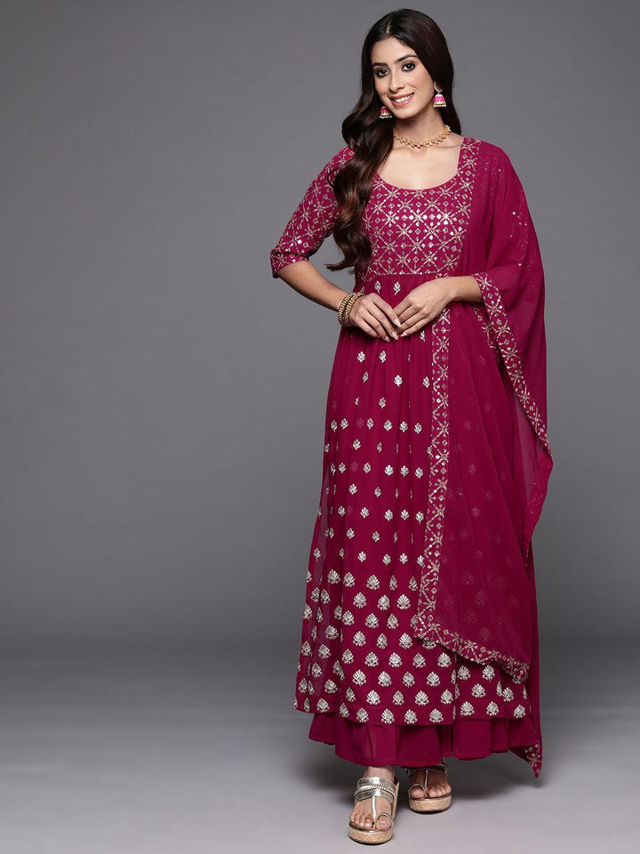 Pink Embroidered Georgette A-Line Kurta With Palazzos & Dupatta - ShopLibas