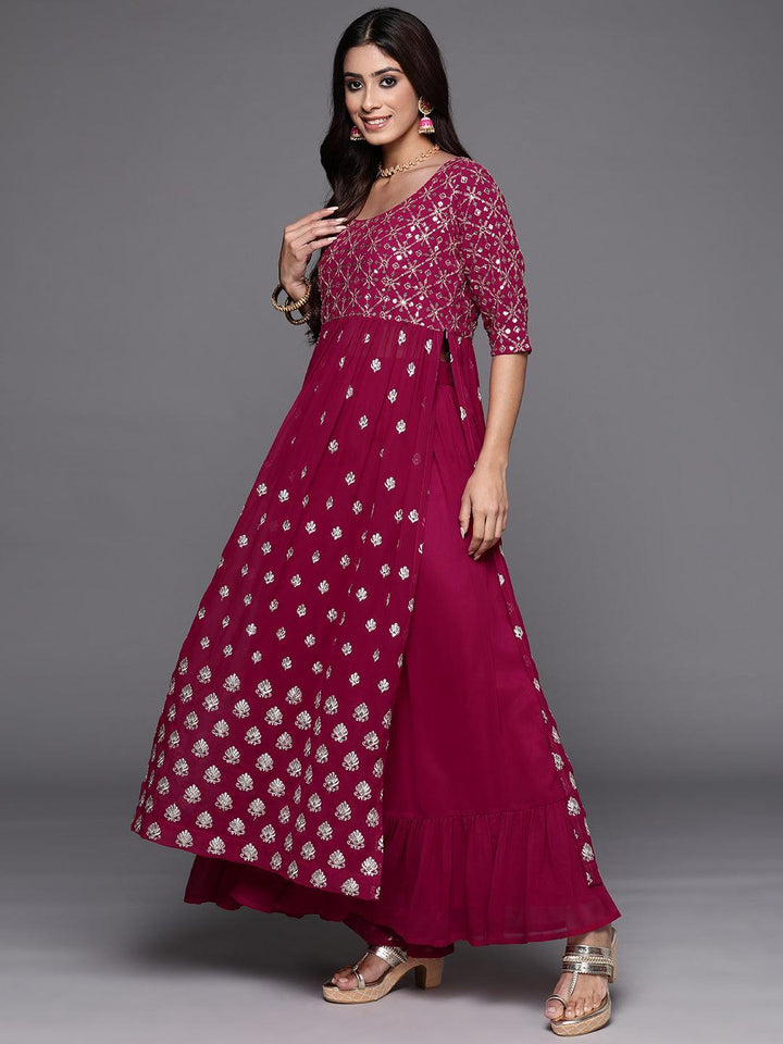 Pink Embroidered Georgette A-Line Kurta With Palazzos & Dupatta - ShopLibas