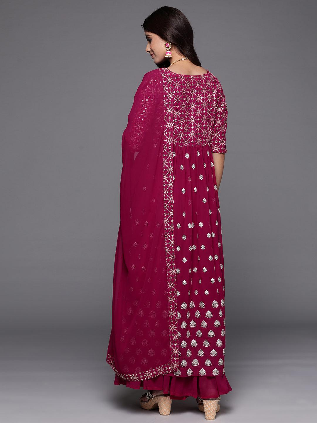 Pink Embroidered Georgette A-Line Kurta With Palazzos & Dupatta - ShopLibas