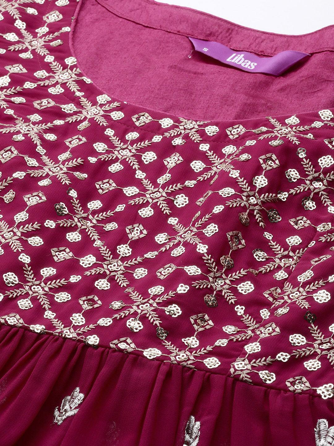 Pink Embroidered Georgette A-Line Kurta With Palazzos & Dupatta - ShopLibas