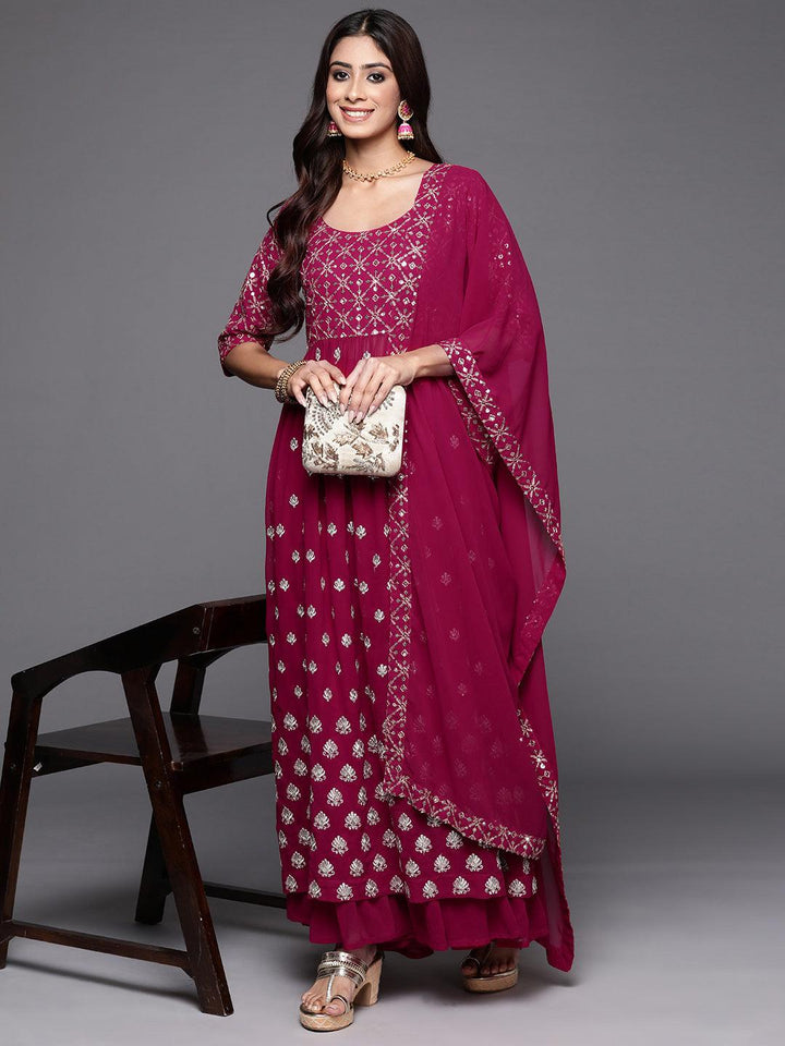 Pink Embroidered Georgette A-Line Kurta With Palazzos & Dupatta - ShopLibas