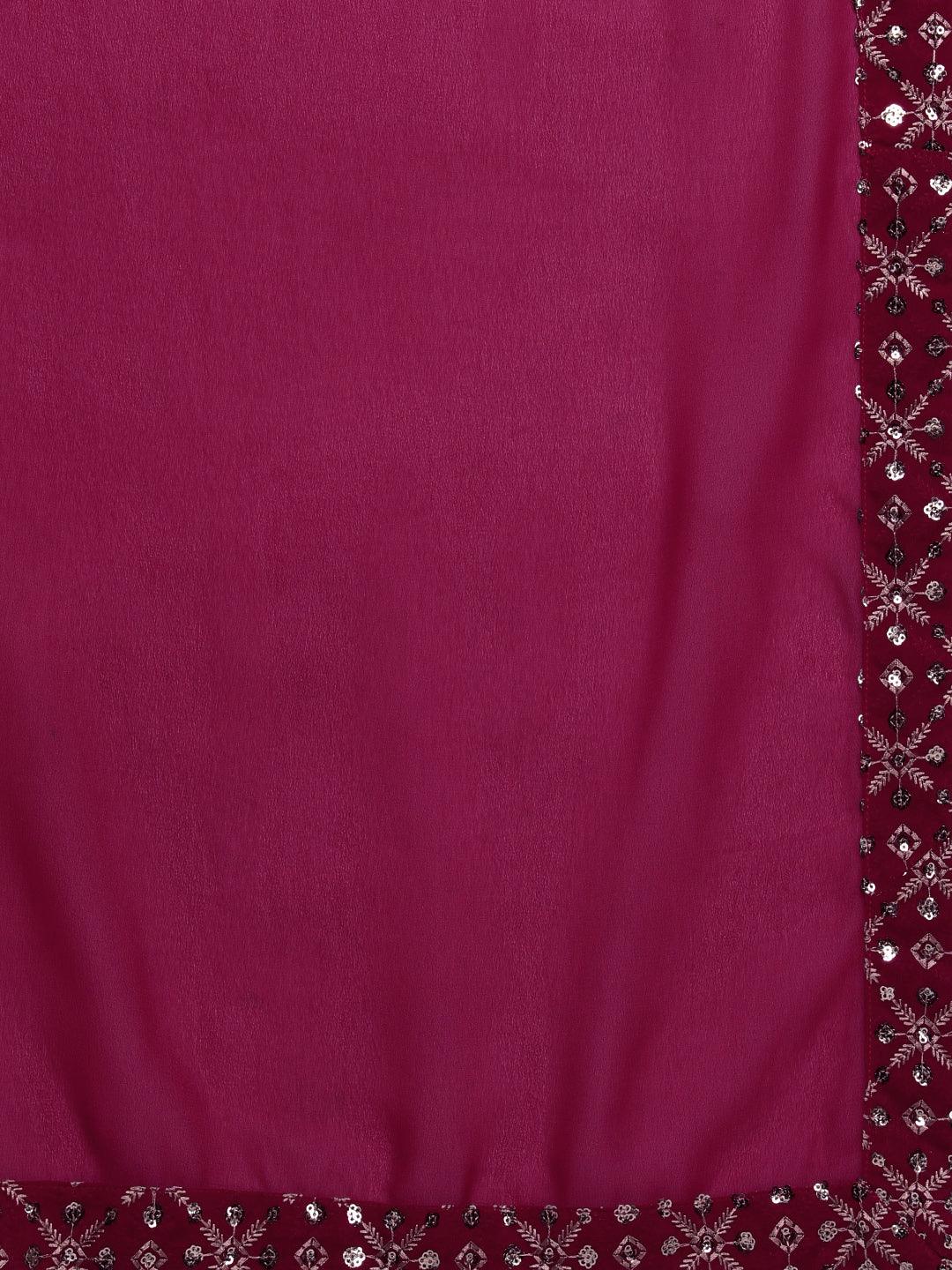 Pink Embroidered Georgette A-Line Kurta With Palazzos & Dupatta - ShopLibas