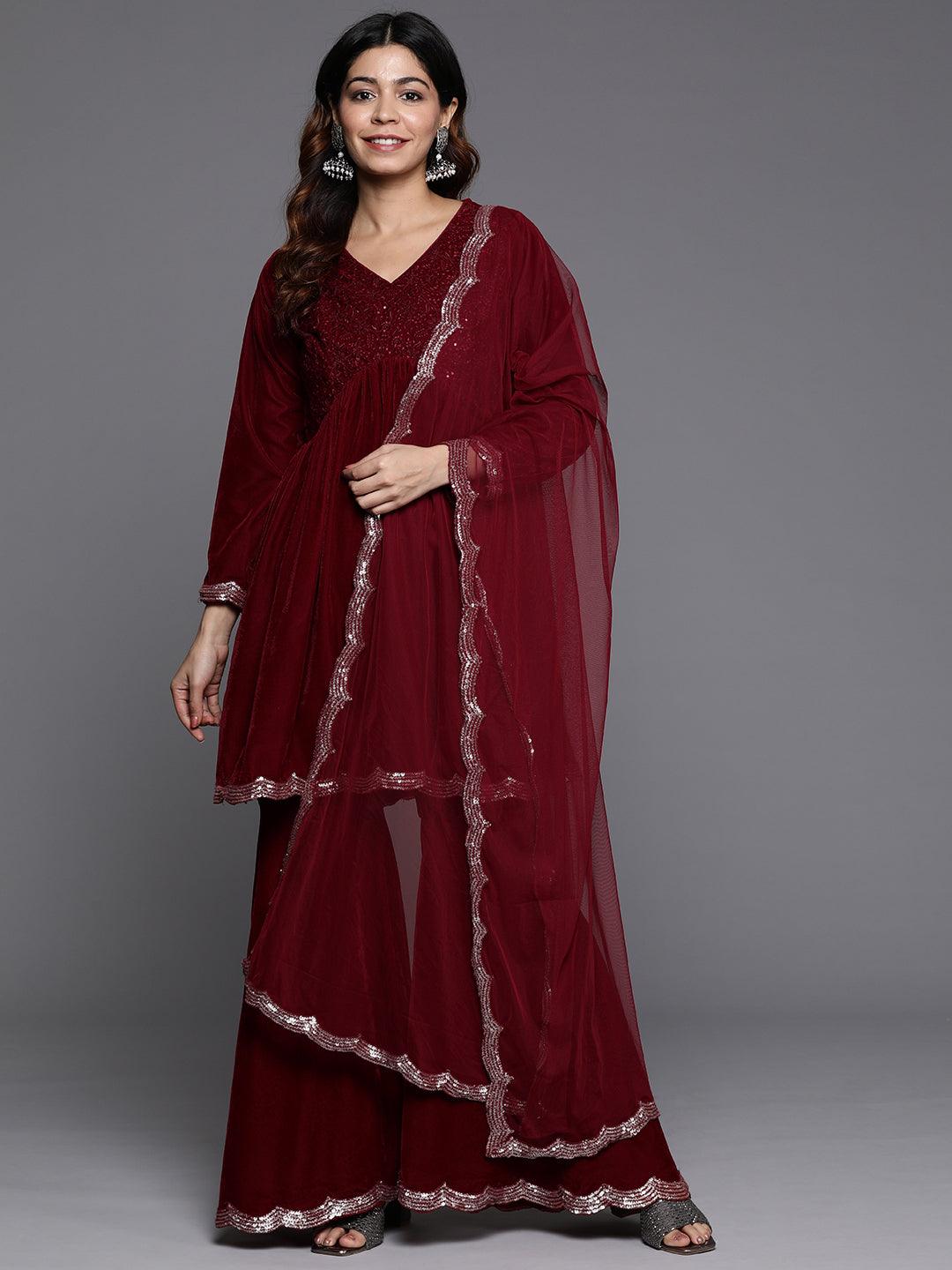 Maroon Embroidered Velvet A-Line Kurti With Sharara & Dupatta