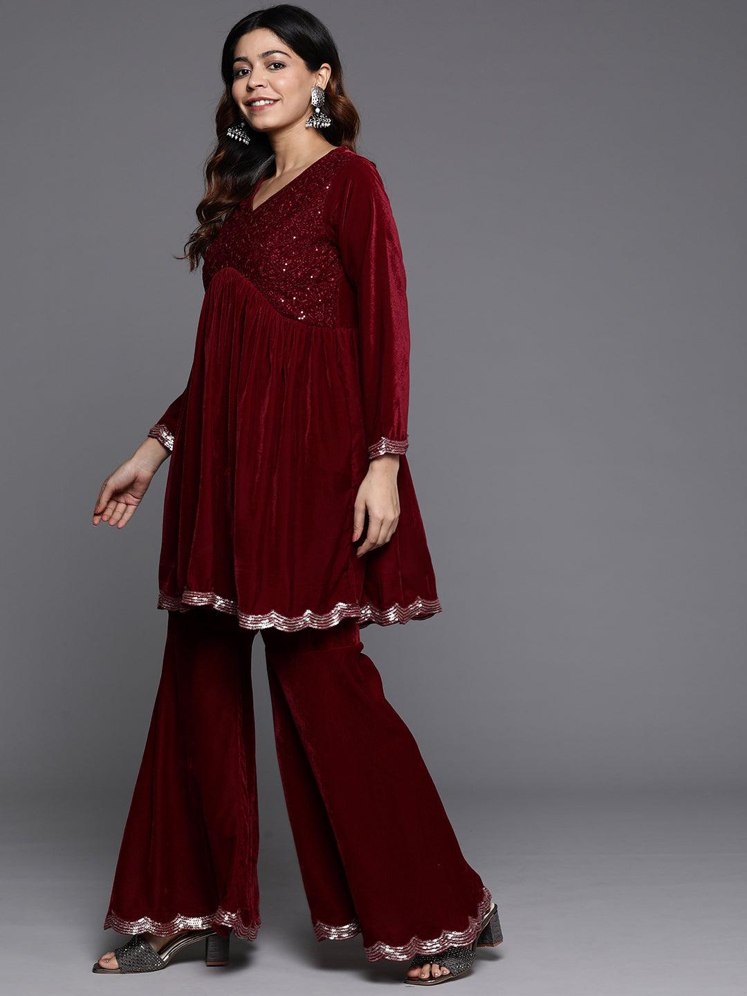 Maroon Embroidered Velvet A-Line Kurti With Sharara & Dupatta