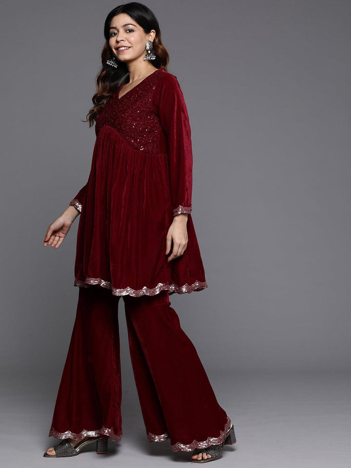 Maroon Embroidered Velvet A-Line Kurti With Sharara & Dupatta - ShopLibas